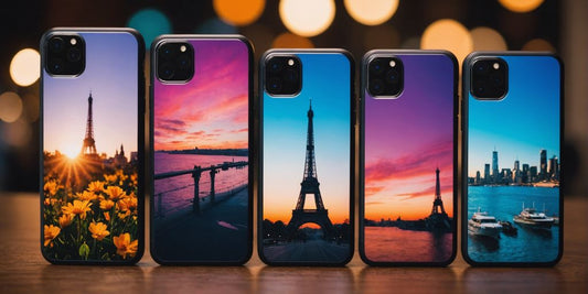 Colorful custom phone cases arranged neatly on a table.