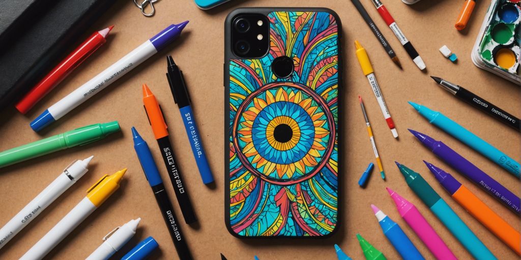 Custom-designed phone case with art supplies like markers, paint, and brushes around it.