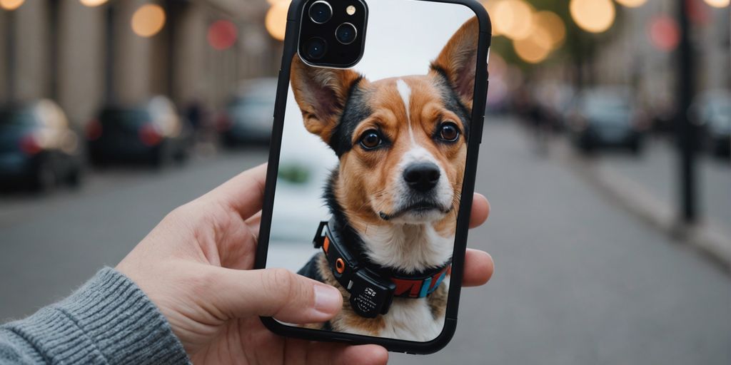 Phone case with custom dog portrait on a minimalist background, showcasing a stylish and personalized accessory.