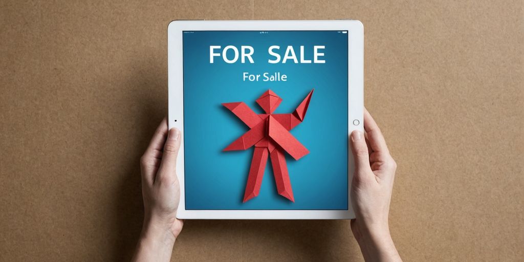 Hand holding iPad Air with 'For Sale' sign