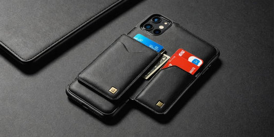 Phone wallet case with card slots and cash pocket.