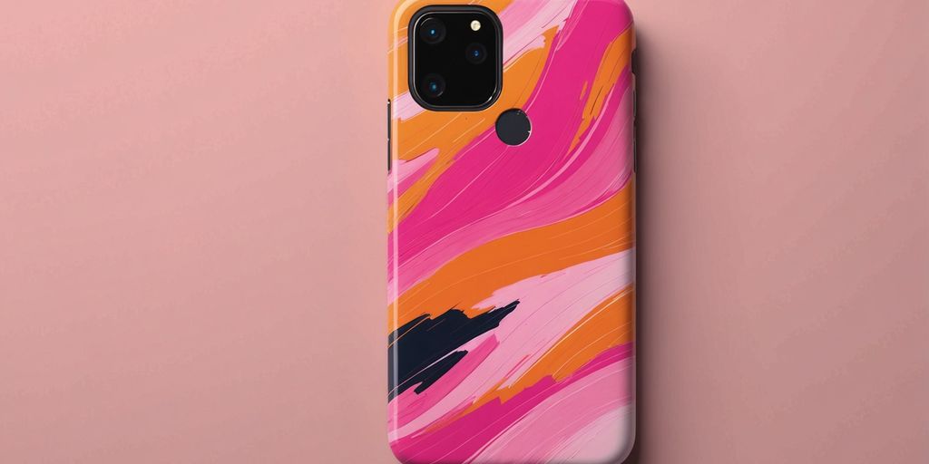 Colorful pink and orange phone case on a smartphone.