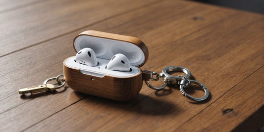 Personalised AirPod case with keychain on wooden table.