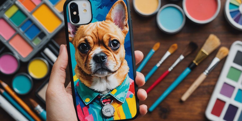 Custom pet portrait phone case with art supplies like paintbrushes and color palettes around it.