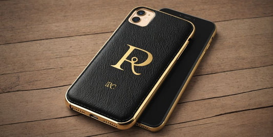 Personalized leather iPhone case with gold initials.