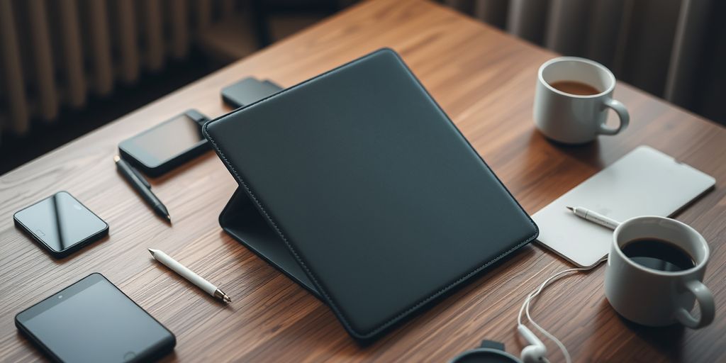 iPad case with accessories on wooden table