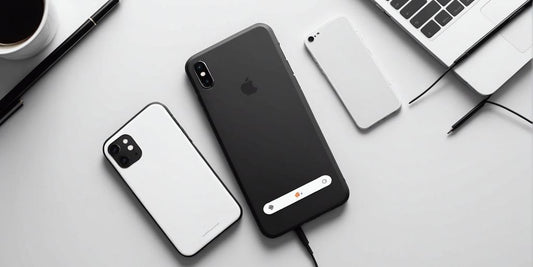 Black and white phone case on a white surface with a smartphone partially visible next to it.