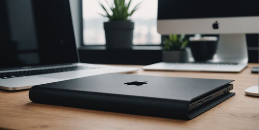 Black MacBook case on a stylish office desk.