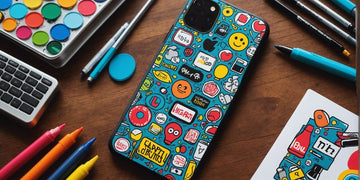 Personalized phone case with stickers, paint, and markers around it, demonstrating customization steps.