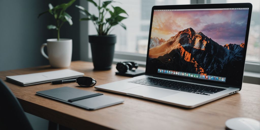 MacBook with a stylish cover on a minimalist desk.