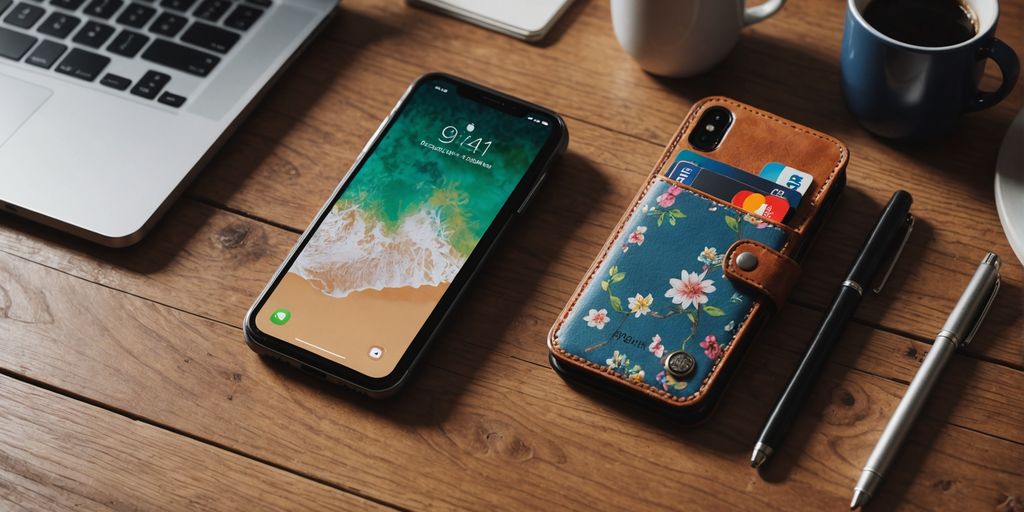 iPhone case with magnetic wallet on wooden surface