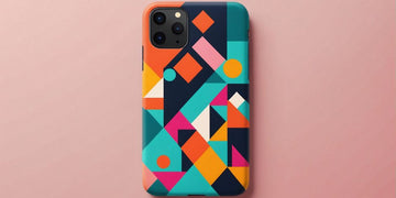 Abstract phone case with bold colors and geometric patterns on a minimalist background.