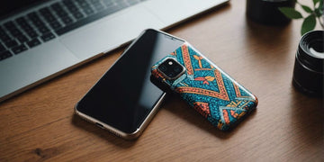 Custom phone case with vibrant colors and unique patterns on a modern desk setup.