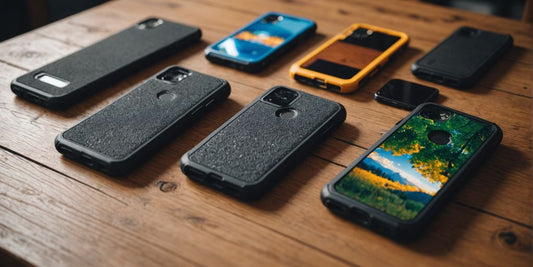 Various tough phone cases displayed on a wooden surface.