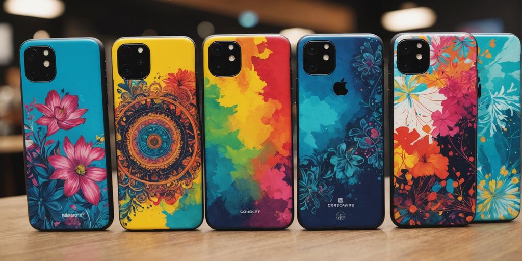 Artistic phone cases displayed on a table.
