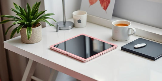 Pink iPad Air on a white desk