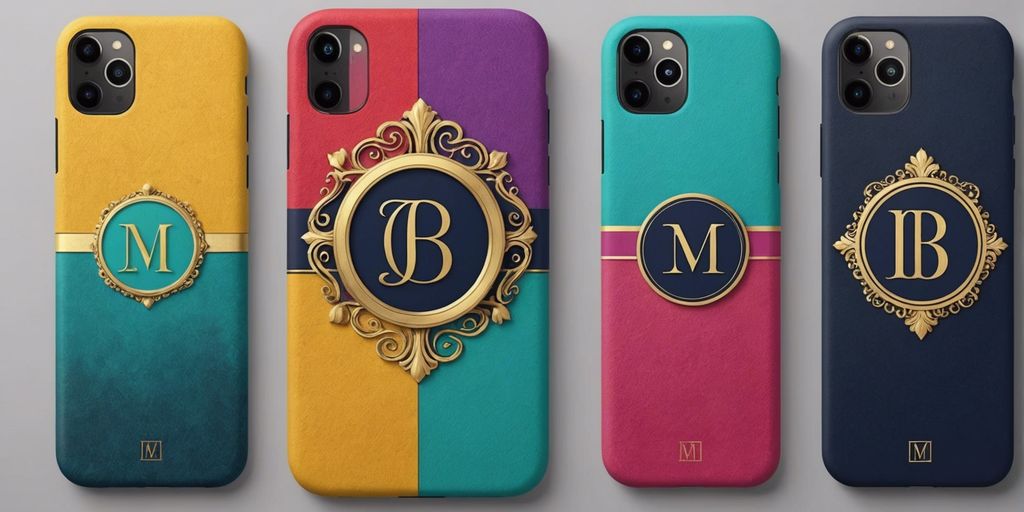 Colorful monogram phone cases arranged neatly on a table.